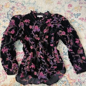 Another Love Black Velvet Blouse with Pink & Purple Floral Embroidery